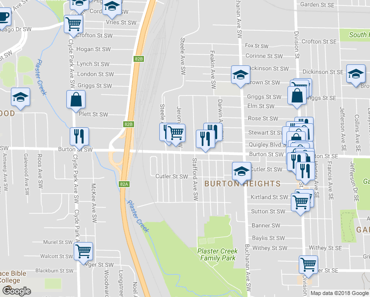 map of restaurants, bars, coffee shops, grocery stores, and more near 419 Burton Street Southwest in Grand Rapids