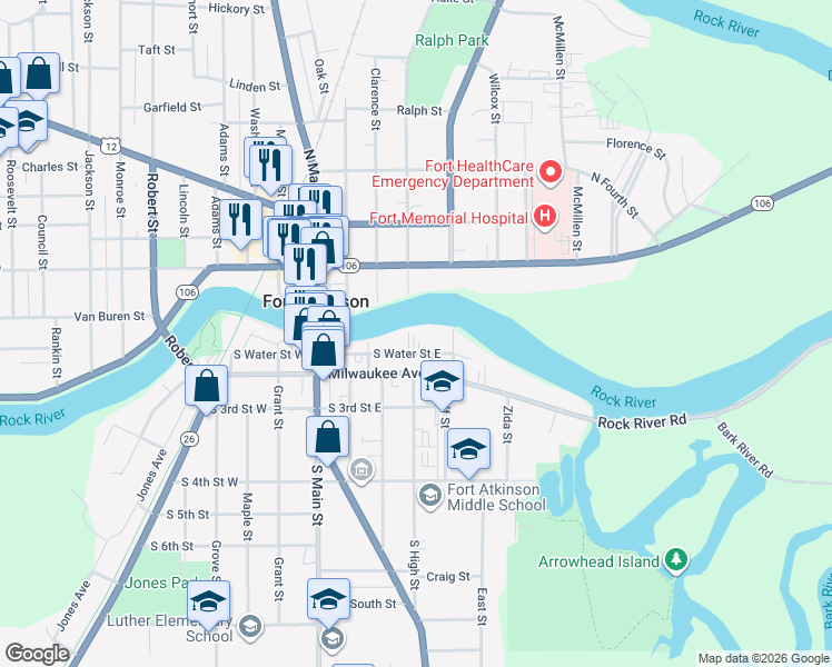 map of restaurants, bars, coffee shops, grocery stores, and more near 225 South Water Street East in Fort Atkinson