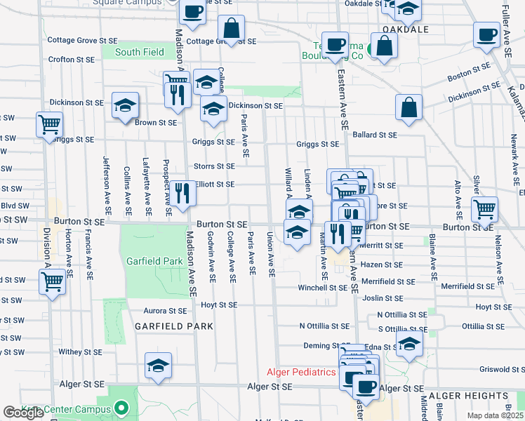 map of restaurants, bars, coffee shops, grocery stores, and more near 1918 Union Avenue Southeast in Grand Rapids