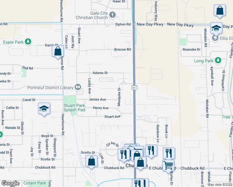 map of restaurants, bars, coffee shops, grocery stores, and more near 5249 Mesquite Drive in Chubbuck