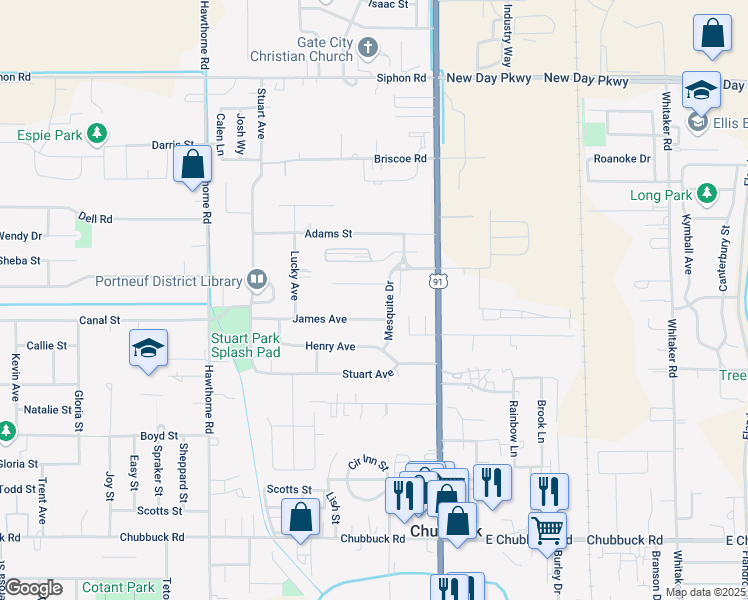 map of restaurants, bars, coffee shops, grocery stores, and more near 5249 Mesquite Drive in Chubbuck