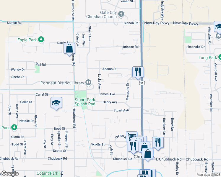 map of restaurants, bars, coffee shops, grocery stores, and more near 5253 Mesquite Drive in Pocatello