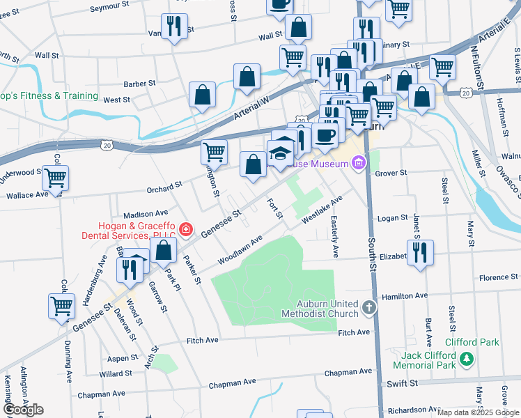 map of restaurants, bars, coffee shops, grocery stores, and more near 180 Genesee Street in Auburn
