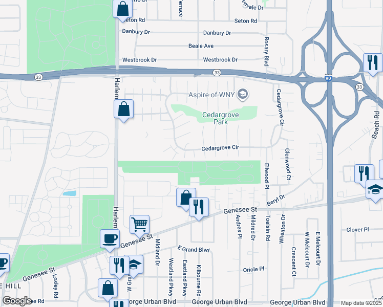 map of restaurants, bars, coffee shops, grocery stores, and more near 16 Shelby Drive in Buffalo