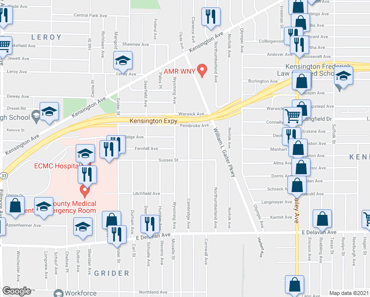map of restaurants, bars, coffee shops, grocery stores, and more near 504 Cambridge Avenue in Buffalo