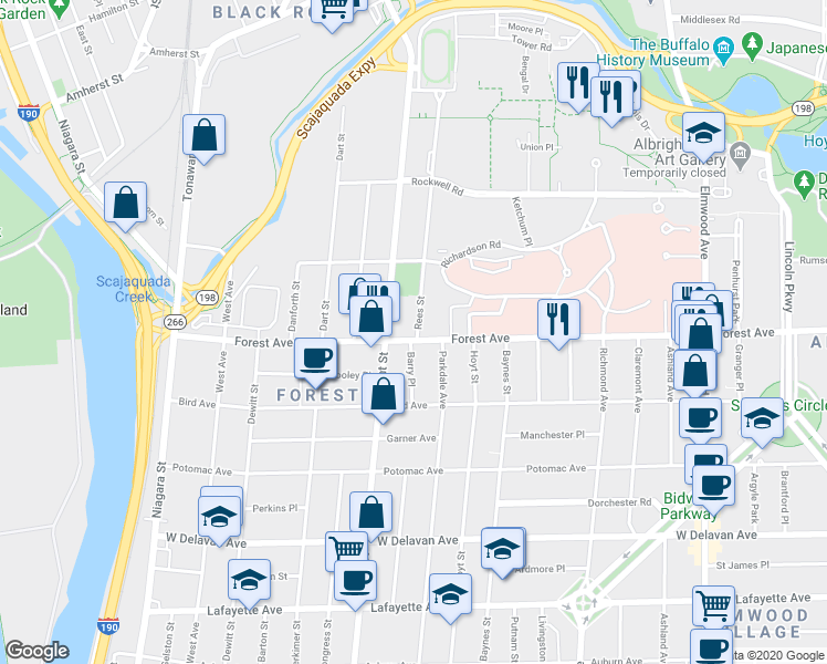 map of restaurants, bars, coffee shops, grocery stores, and more near 24 Rees Street in Buffalo