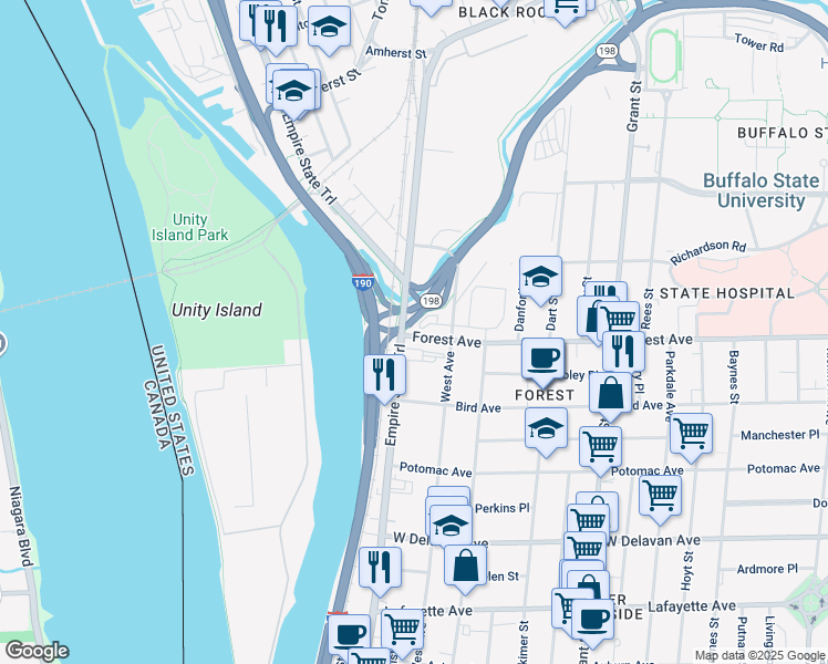 map of restaurants, bars, coffee shops, grocery stores, and more near 1599 Niagara Street in Buffalo