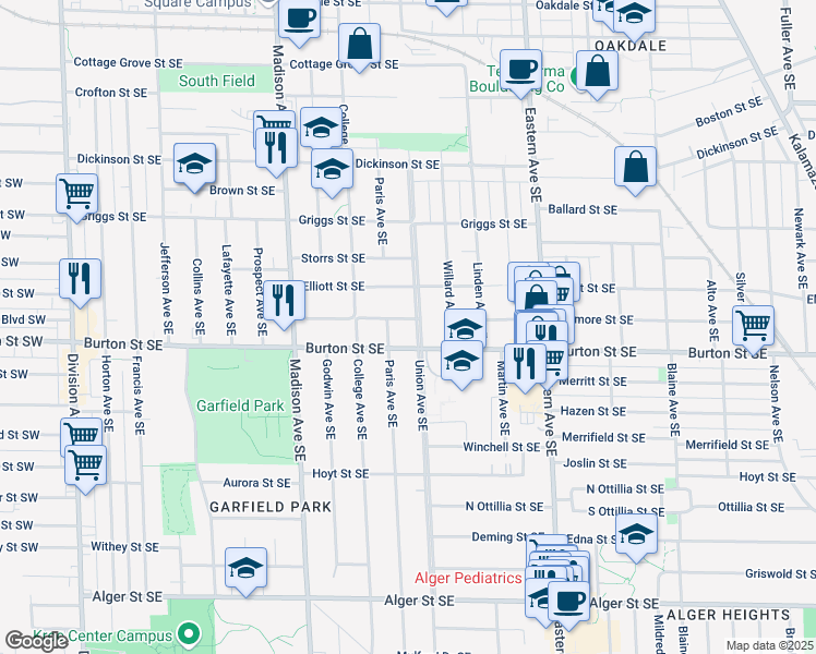 map of restaurants, bars, coffee shops, grocery stores, and more near 1918 Union Avenue Southeast in Grand Rapids