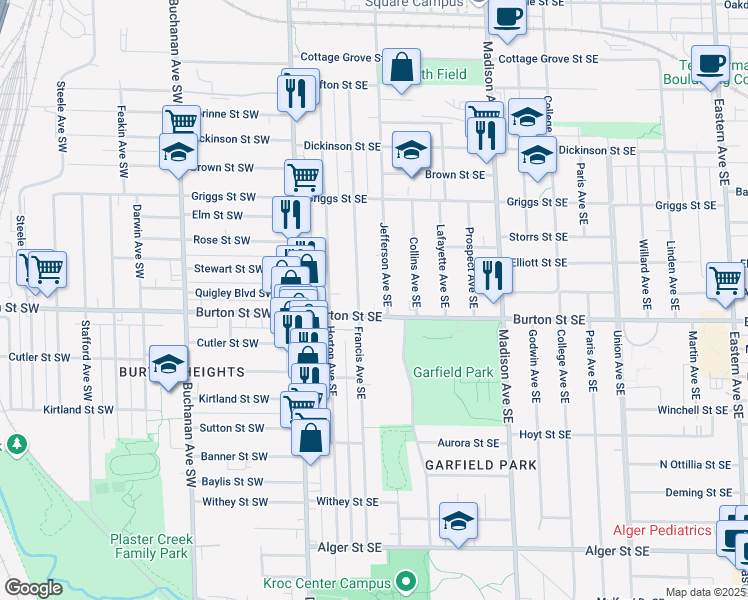 map of restaurants, bars, coffee shops, grocery stores, and more near 1941 Jefferson Avenue Southeast in Grand Rapids