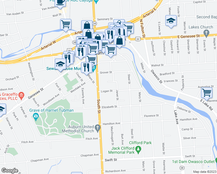 map of restaurants, bars, coffee shops, grocery stores, and more near 9 Logan Street in Auburn