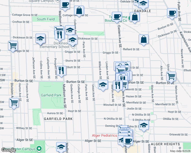map of restaurants, bars, coffee shops, grocery stores, and more near 1918 Union Avenue Southeast in Grand Rapids