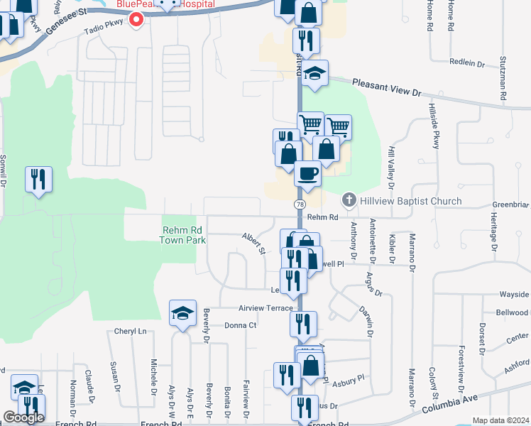 map of restaurants, bars, coffee shops, grocery stores, and more near 310 Rehm Road in Depew