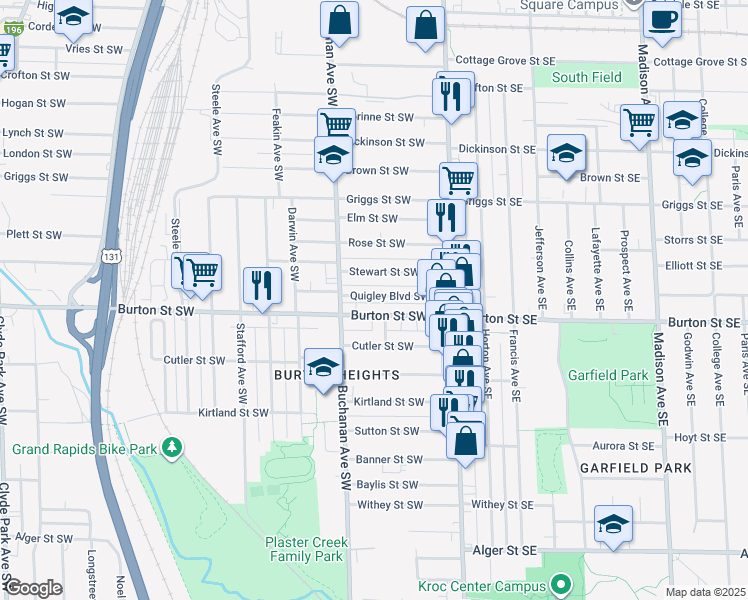 map of restaurants, bars, coffee shops, grocery stores, and more near 107 Quigley Boulevard Southwest in Grand Rapids