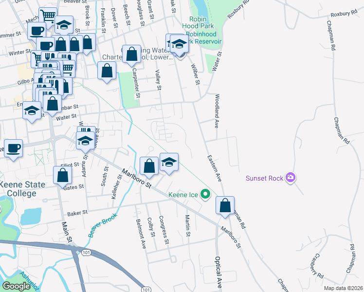 map of restaurants, bars, coffee shops, grocery stores, and more near 21 Victoria Court in Keene