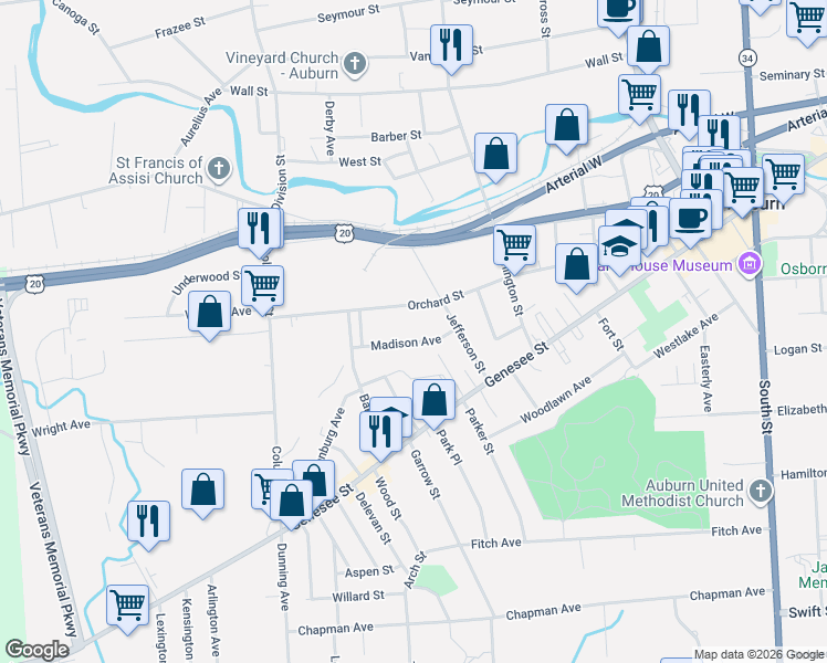 map of restaurants, bars, coffee shops, grocery stores, and more near 66 Orchard Street in Auburn