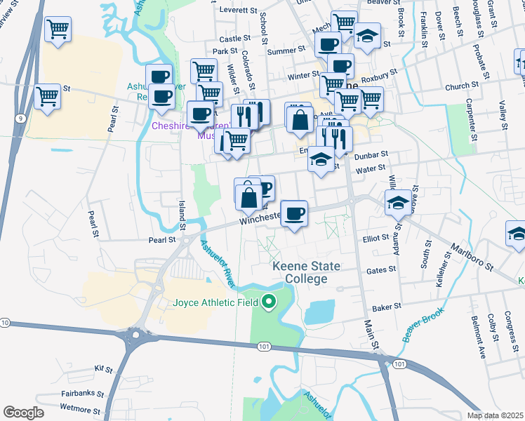 map of restaurants, bars, coffee shops, grocery stores, and more near 81 Ralston Street in Keene