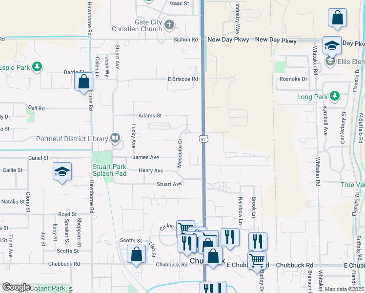map of restaurants, bars, coffee shops, grocery stores, and more near 5249 Mesquite Drive in Chubbuck