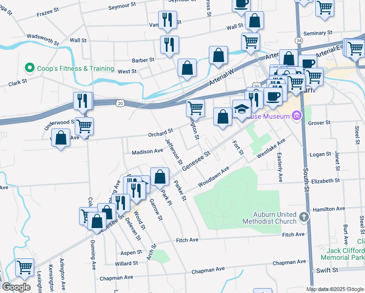 map of restaurants, bars, coffee shops, grocery stores, and more near 10 Orchard Avenue in Auburn