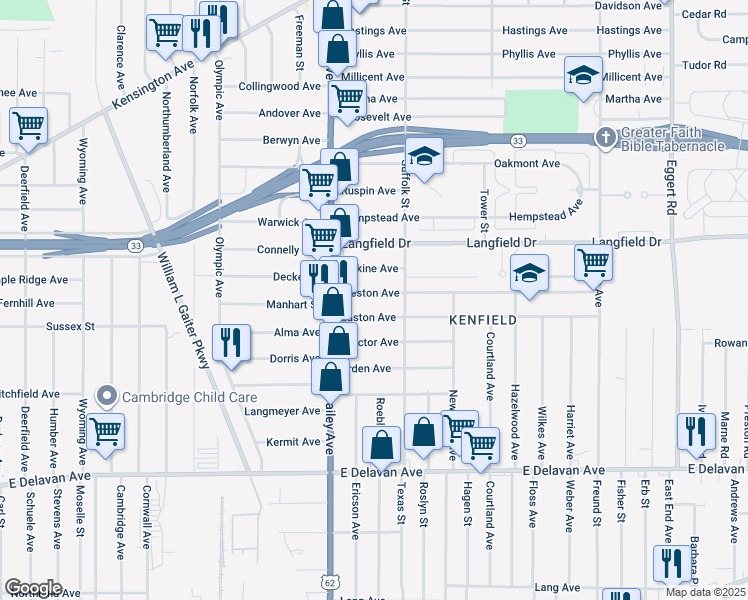 map of restaurants, bars, coffee shops, grocery stores, and more near 54 Weston Avenue in Buffalo