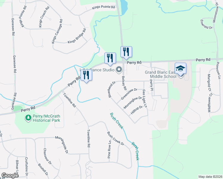 map of restaurants, bars, coffee shops, grocery stores, and more near 12047 Riverbend Drive in Grand Blanc Township