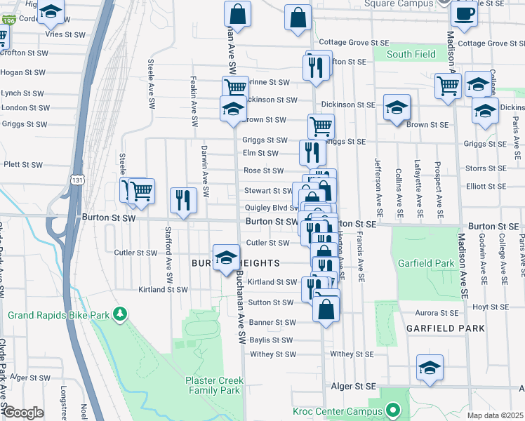 map of restaurants, bars, coffee shops, grocery stores, and more near 107 Quigley Boulevard Southwest in Grand Rapids