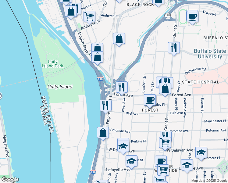 map of restaurants, bars, coffee shops, grocery stores, and more near 1599 Niagara Street in Buffalo