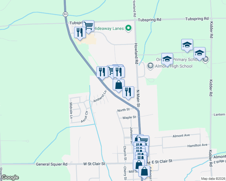 map of restaurants, bars, coffee shops, grocery stores, and more near 844 North Van Dyke Road in Almont