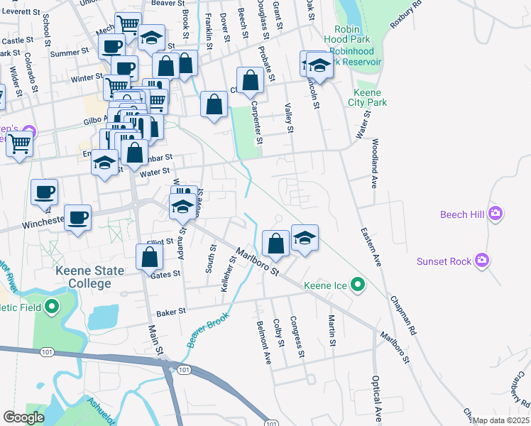 map of restaurants, bars, coffee shops, grocery stores, and more near 30 Gardner Street in Keene