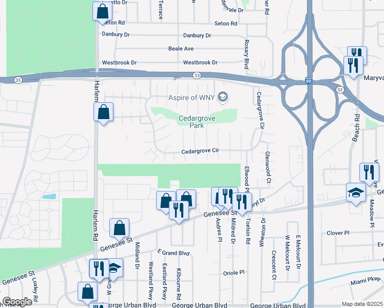 map of restaurants, bars, coffee shops, grocery stores, and more near 13 Rockleigh Drive in Buffalo