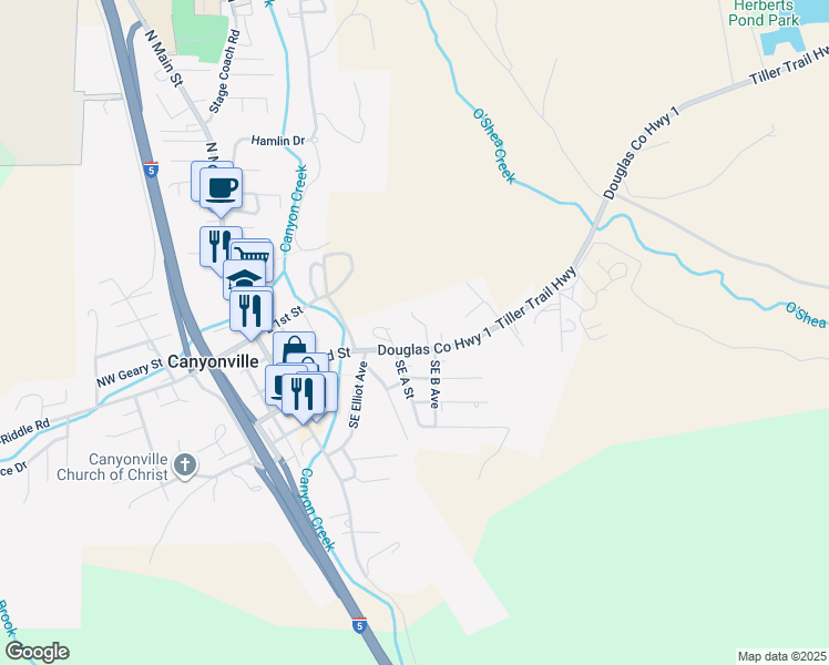 map of restaurants, bars, coffee shops, grocery stores, and more near 320 Maylea Place in Canyonville