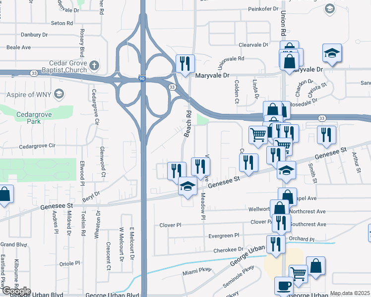 map of restaurants, bars, coffee shops, grocery stores, and more near 71 Beach Road in Buffalo