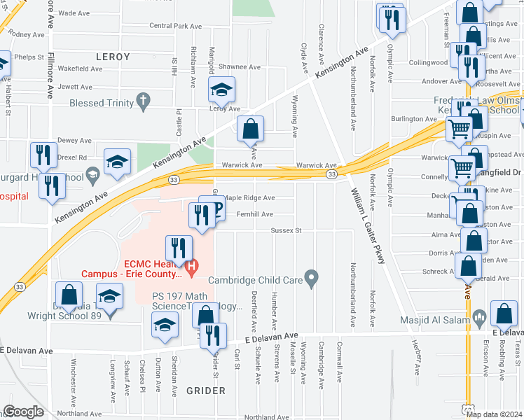 map of restaurants, bars, coffee shops, grocery stores, and more near 74 Fernhill Avenue in Buffalo