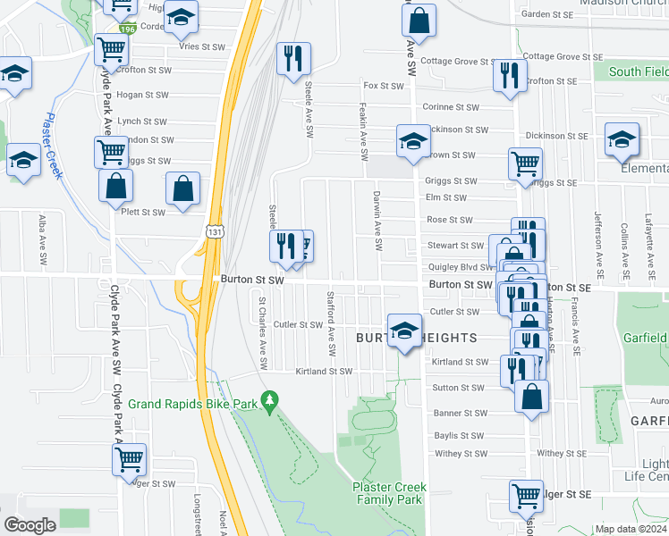 map of restaurants, bars, coffee shops, grocery stores, and more near 1938 Stafford Avenue Southwest in Grand Rapids