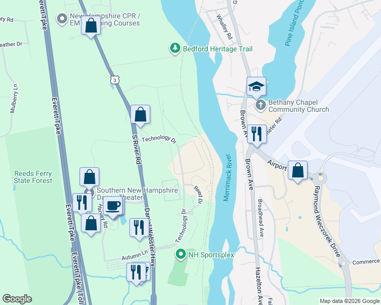 map of restaurants, bars, coffee shops, grocery stores, and more near 14 Technology Drive in Bedford