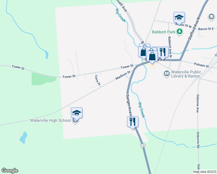 map of restaurants, bars, coffee shops, grocery stores, and more near 201 Madison Street in Waterville