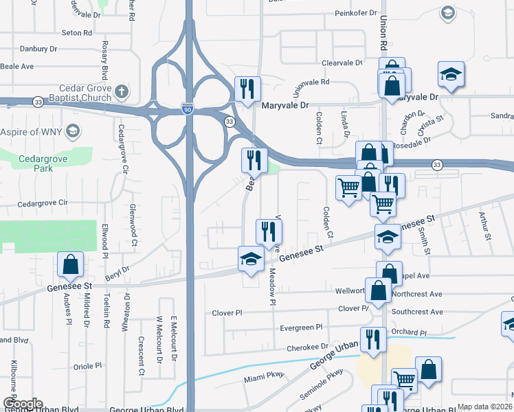 map of restaurants, bars, coffee shops, grocery stores, and more near 108 Cunard Avenue in Buffalo