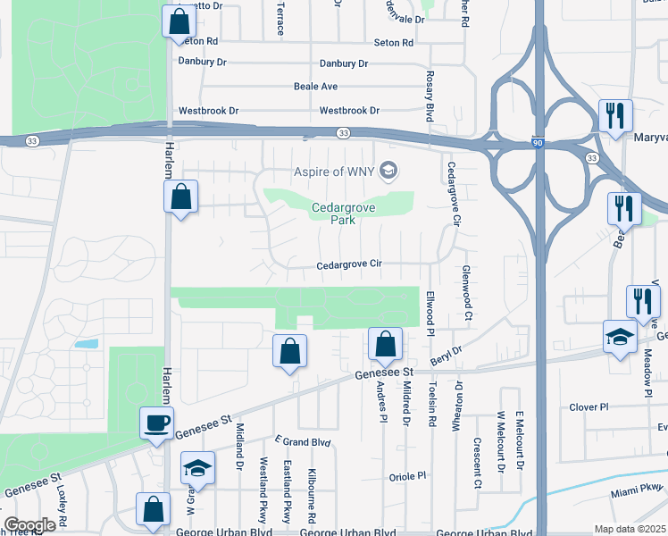 map of restaurants, bars, coffee shops, grocery stores, and more near 13 Rockleigh Drive in Buffalo