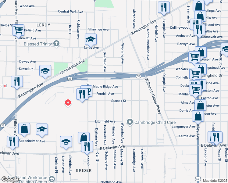 map of restaurants, bars, coffee shops, grocery stores, and more near 107 Maple Ridge Avenue in Buffalo