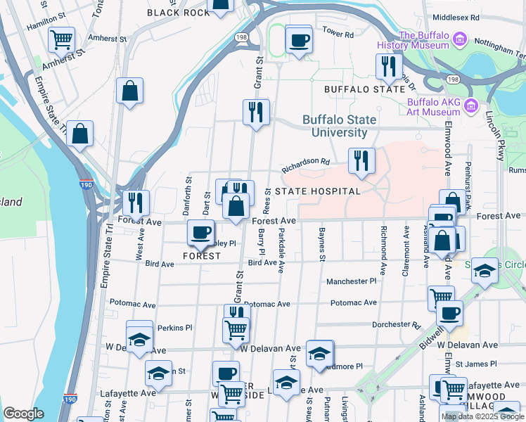 map of restaurants, bars, coffee shops, grocery stores, and more near 24 Rees Street in Buffalo
