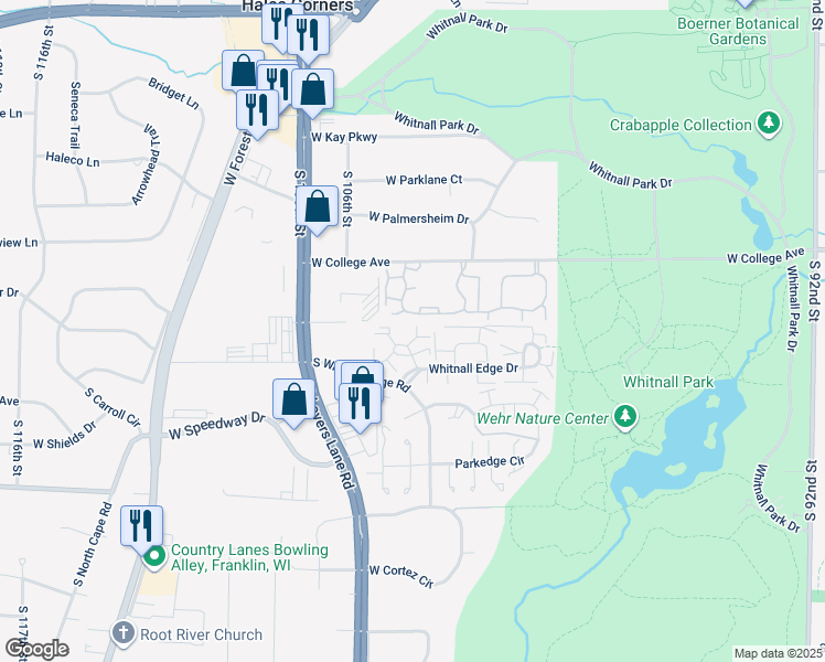 map of restaurants, bars, coffee shops, grocery stores, and more near 10405 Plum Tree Circle in Hales Corners
