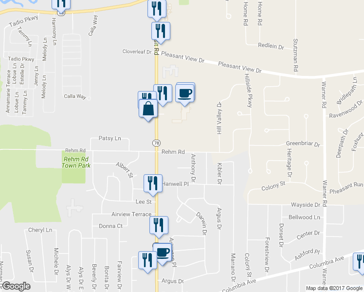 map of restaurants, bars, coffee shops, grocery stores, and more near 22 Rehm Road in Depew