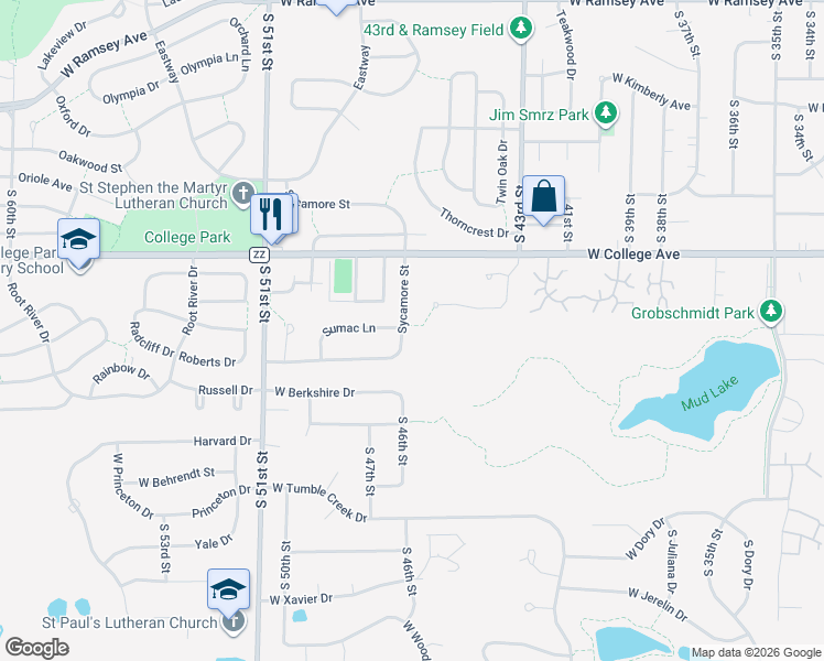 map of restaurants, bars, coffee shops, grocery stores, and more near 6434 Sycamore Street in Greendale