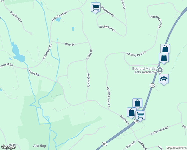 map of restaurants, bars, coffee shops, grocery stores, and more near 16 Regency Drive in Bedford