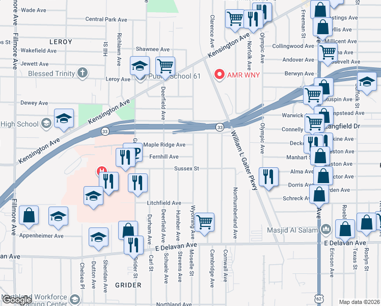 map of restaurants, bars, coffee shops, grocery stores, and more near 107 Maple Ridge Avenue in Buffalo