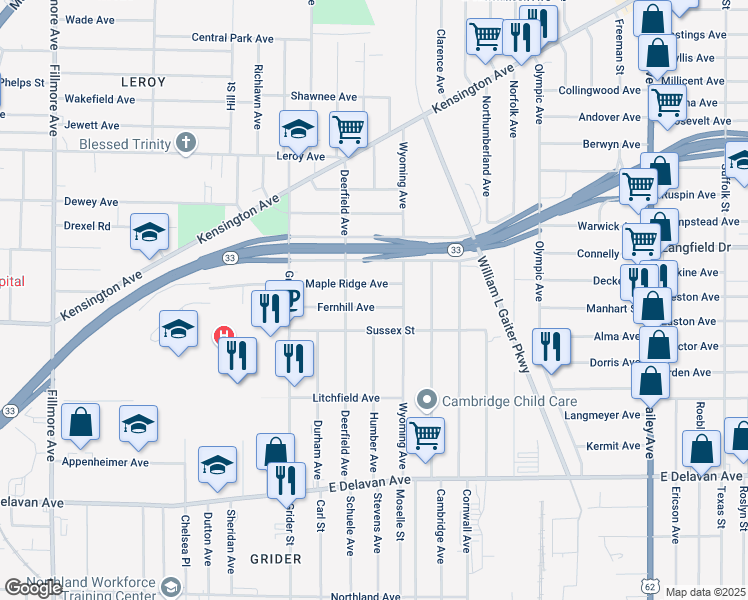 map of restaurants, bars, coffee shops, grocery stores, and more near 107 Maple Ridge Avenue in Buffalo