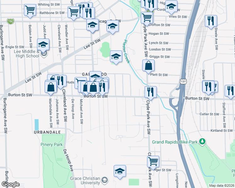 map of restaurants, bars, coffee shops, grocery stores, and more near 1956 Galewood Avenue Southwest in Wyoming