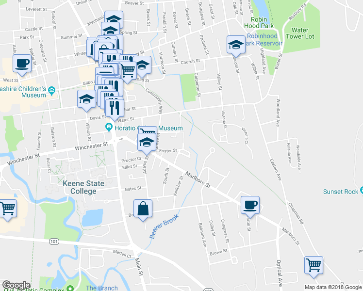 map of restaurants, bars, coffee shops, grocery stores, and more near 62 Foster Street in Keene