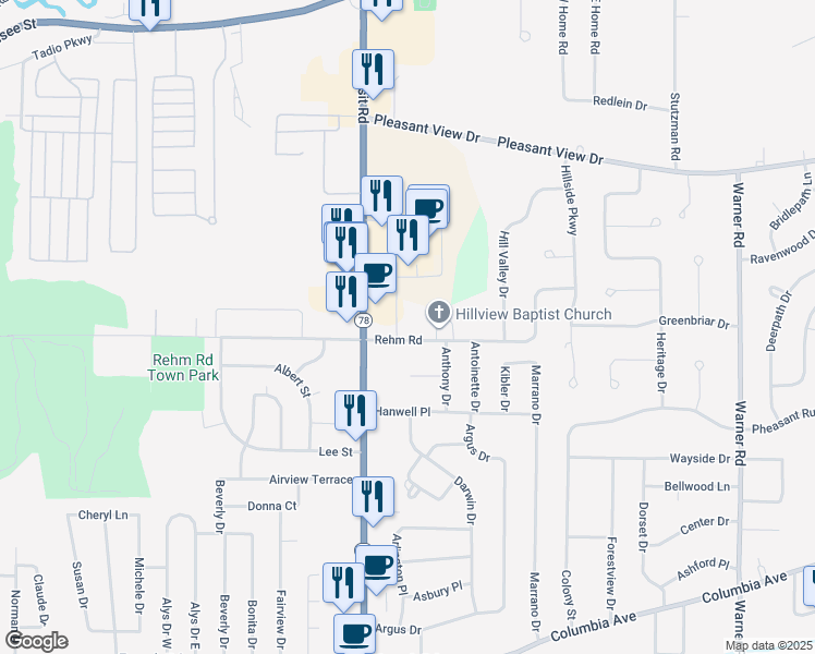 map of restaurants, bars, coffee shops, grocery stores, and more near 22 Rehm Road in Depew