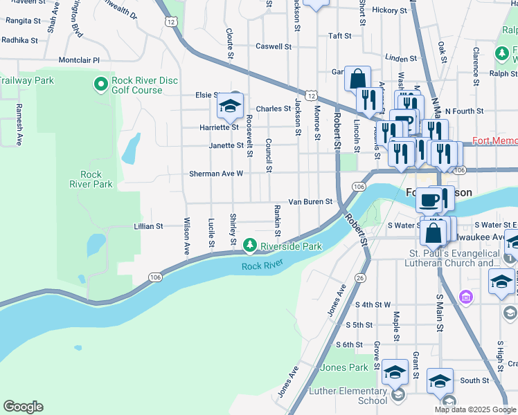 map of restaurants, bars, coffee shops, grocery stores, and more near 804 Van Buren Street in Fort Atkinson
