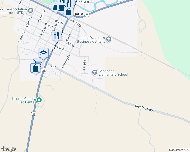 map of restaurants, bars, coffee shops, grocery stores, and more near 61 Idaho 24 in Shoshone